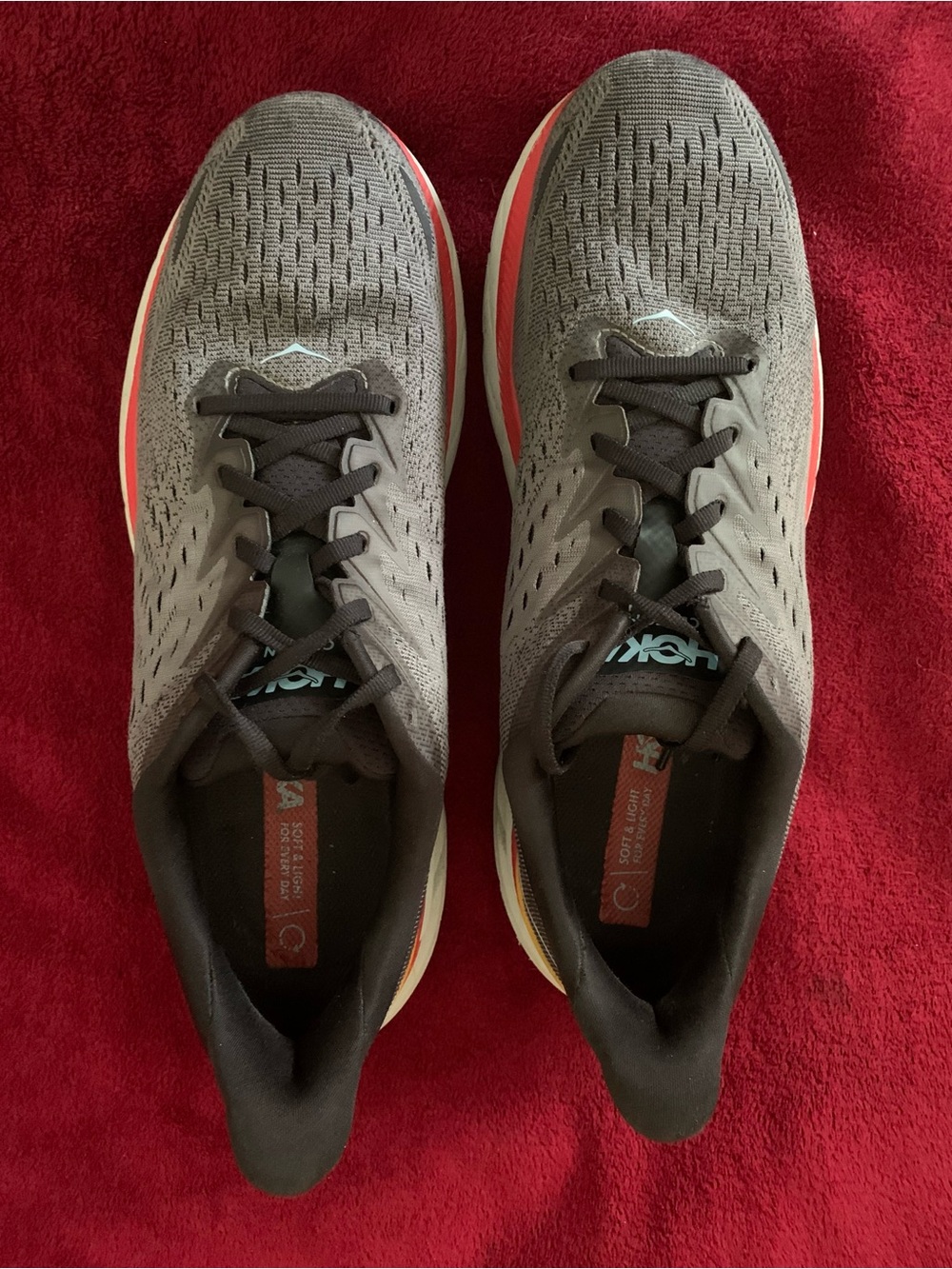 Hoka one one Clifton8 Men's Gray Running Shoes with red gold, size 12 D - Picture 6 of 16
